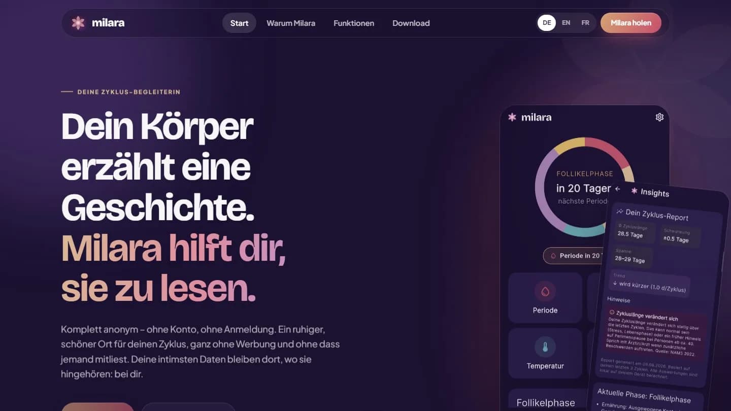 Startseite der Milara-App mit dem Datenschutzversprechen