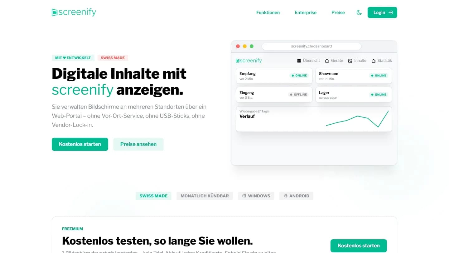 Startseite von screenify.ch mit Geräteübersicht des Dashboards